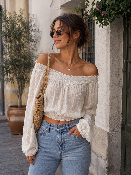 H&M Tops - H&M Cream Swiss Dot Off Shoulder Cropped Blouse XL Boho